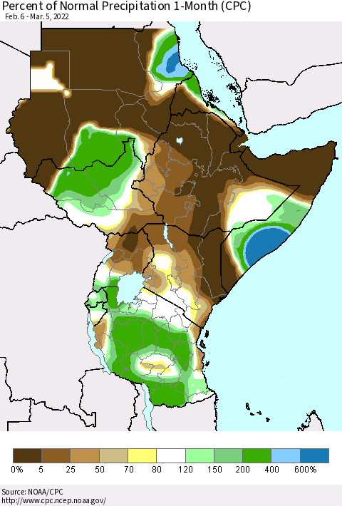 Eastern Africa Percent of Normal Precipitation 1-Month (CPC) Thematic Map For 2/6/2022 - 3/5/2022