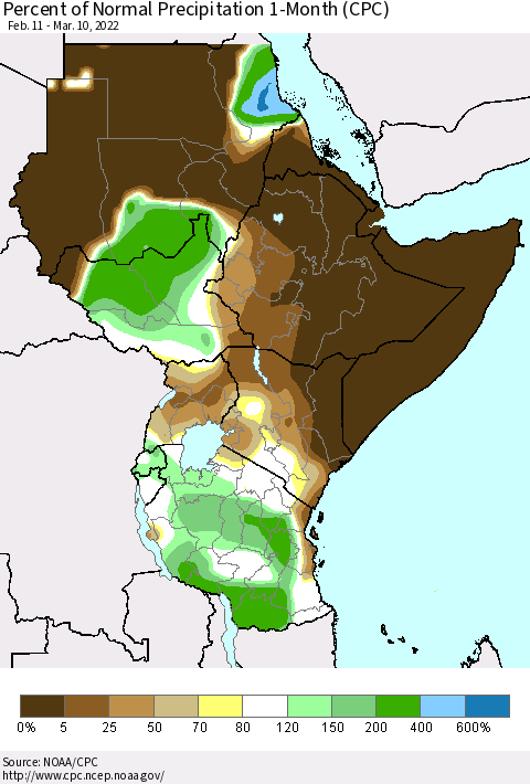 Eastern Africa Percent of Normal Precipitation 1-Month (CPC) Thematic Map For 2/11/2022 - 3/10/2022