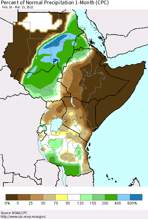 Eastern Africa Percent of Normal Precipitation 1-Month (CPC) Thematic Map For 2/16/2022 - 3/15/2022