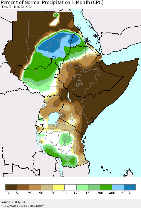 Eastern Africa Percent of Normal Precipitation 1-Month (CPC) Thematic Map For 2/21/2022 - 3/20/2022