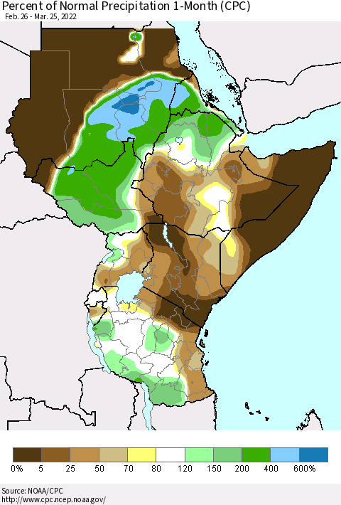 Eastern Africa Percent of Normal Precipitation 1-Month (CPC) Thematic Map For 2/26/2022 - 3/25/2022