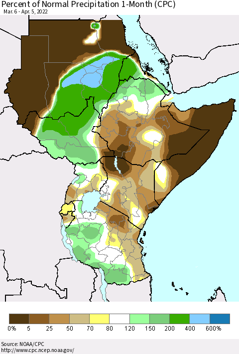 Eastern Africa Percent of Normal Precipitation 1-Month (CPC) Thematic Map For 3/6/2022 - 4/5/2022