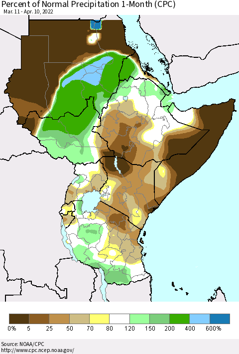 Eastern Africa Percent of Normal Precipitation 1-Month (CPC) Thematic Map For 3/11/2022 - 4/10/2022