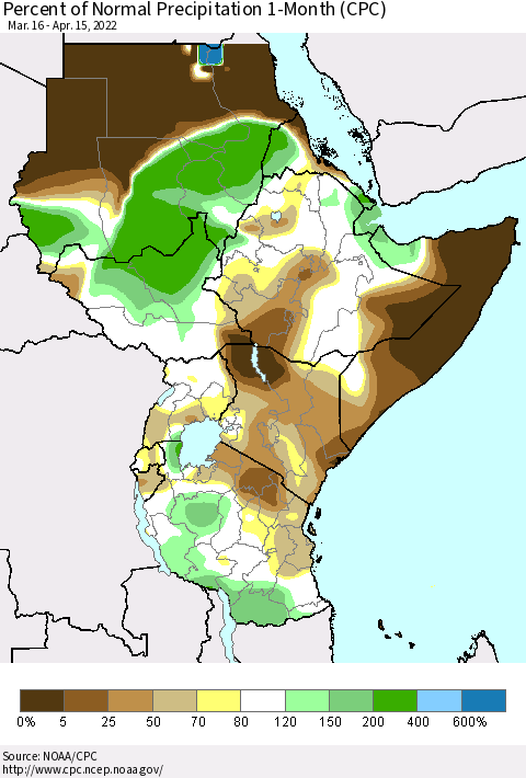 Eastern Africa Percent of Normal Precipitation 1-Month (CPC) Thematic Map For 3/16/2022 - 4/15/2022