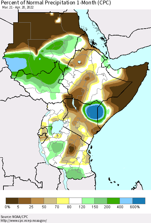 Eastern Africa Percent of Normal Precipitation 1-Month (CPC) Thematic Map For 3/21/2022 - 4/20/2022