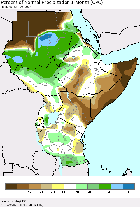 Eastern Africa Percent of Normal Precipitation 1-Month (CPC) Thematic Map For 3/26/2022 - 4/25/2022