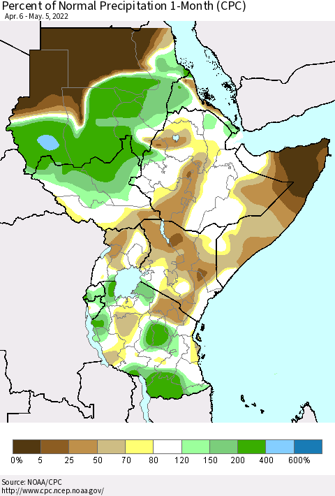 Eastern Africa Percent of Normal Precipitation 1-Month (CPC) Thematic Map For 4/6/2022 - 5/5/2022
