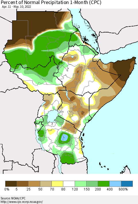 Eastern Africa Percent of Normal Precipitation 1-Month (CPC) Thematic Map For 4/11/2022 - 5/10/2022