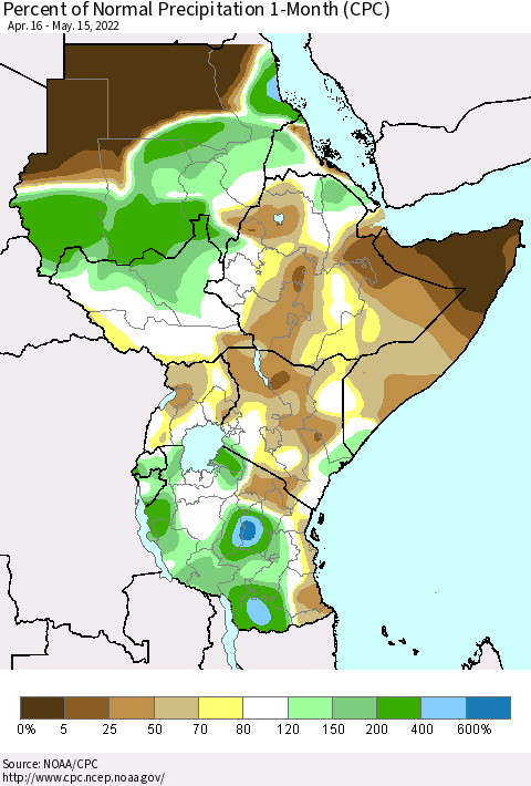 Eastern Africa Percent of Normal Precipitation 1-Month (CPC) Thematic Map For 4/16/2022 - 5/15/2022