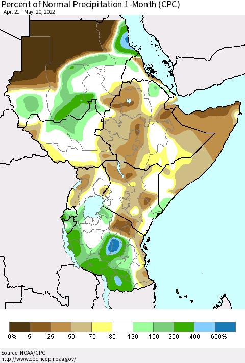 Eastern Africa Percent of Normal Precipitation 1-Month (CPC) Thematic Map For 4/21/2022 - 5/20/2022