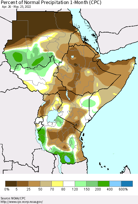 Eastern Africa Percent of Normal Precipitation 1-Month (CPC) Thematic Map For 4/26/2022 - 5/25/2022