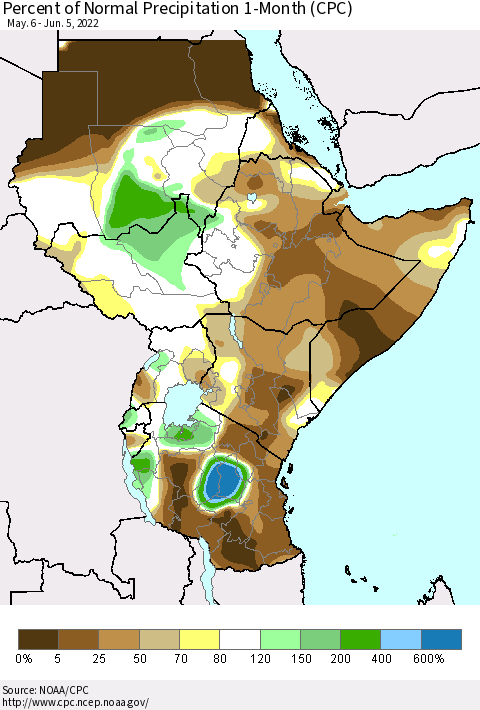 Eastern Africa Percent of Normal Precipitation 1-Month (CPC) Thematic Map For 5/6/2022 - 6/5/2022