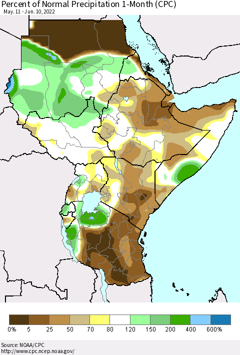 Eastern Africa Percent of Normal Precipitation 1-Month (CPC) Thematic Map For 5/11/2022 - 6/10/2022