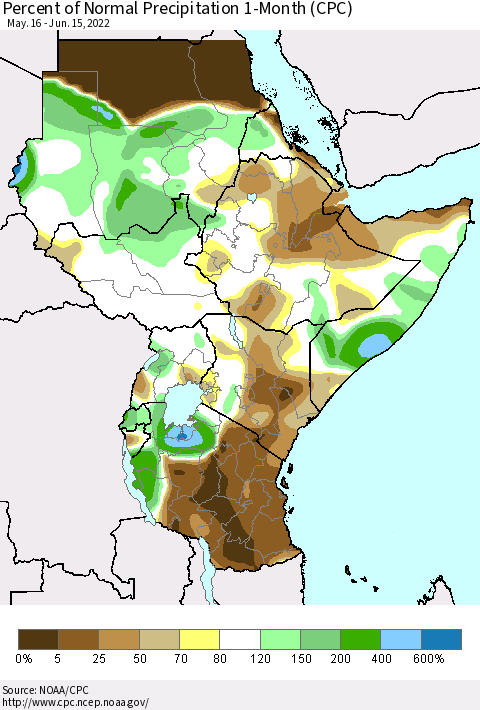 Eastern Africa Percent of Normal Precipitation 1-Month (CPC) Thematic Map For 5/16/2022 - 6/15/2022
