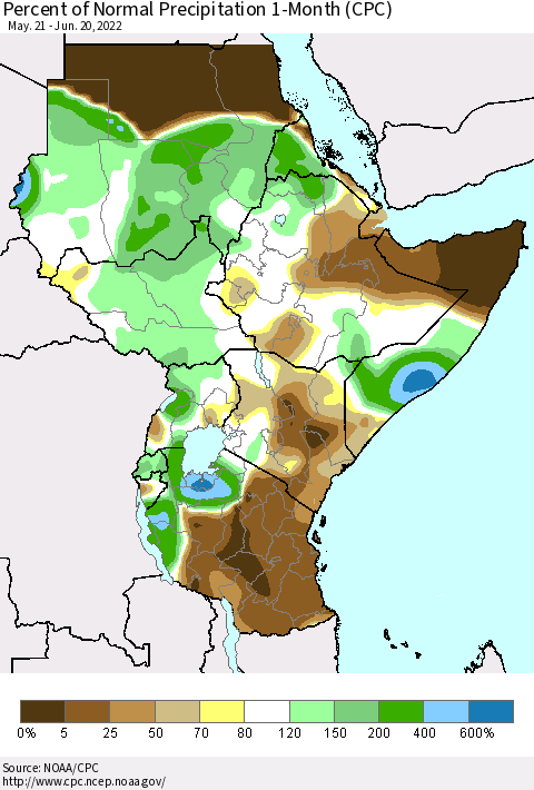Eastern Africa Percent of Normal Precipitation 1-Month (CPC) Thematic Map For 5/21/2022 - 6/20/2022