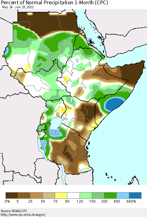 Eastern Africa Percent of Normal Precipitation 1-Month (CPC) Thematic Map For 5/26/2022 - 6/25/2022