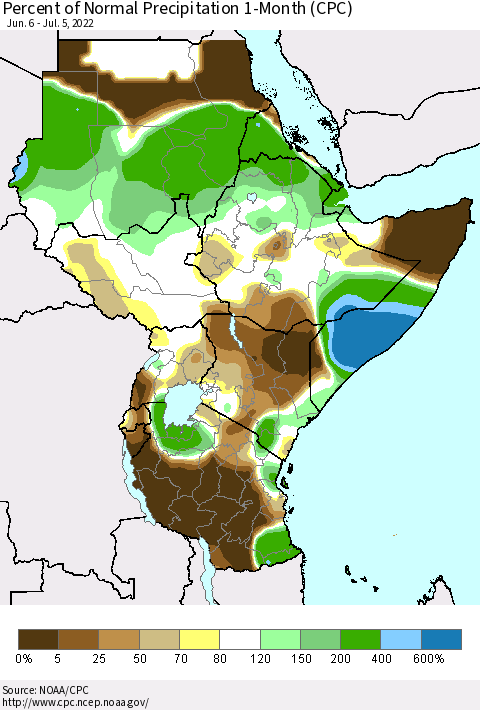 Eastern Africa Percent of Normal Precipitation 1-Month (CPC) Thematic Map For 6/6/2022 - 7/5/2022