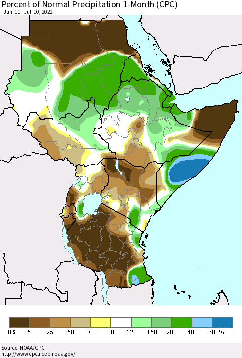 Eastern Africa Percent of Normal Precipitation 1-Month (CPC) Thematic Map For 6/11/2022 - 7/10/2022