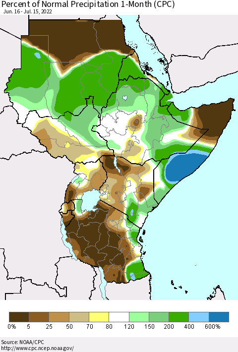 Eastern Africa Percent of Normal Precipitation 1-Month (CPC) Thematic Map For 6/16/2022 - 7/15/2022