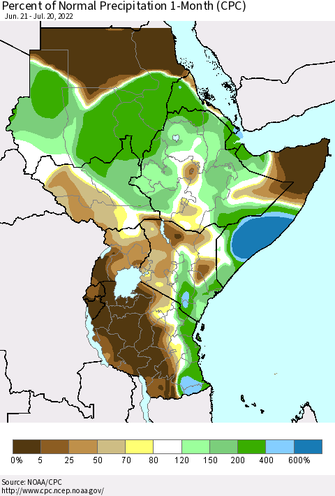 Eastern Africa Percent of Normal Precipitation 1-Month (CPC) Thematic Map For 6/21/2022 - 7/20/2022