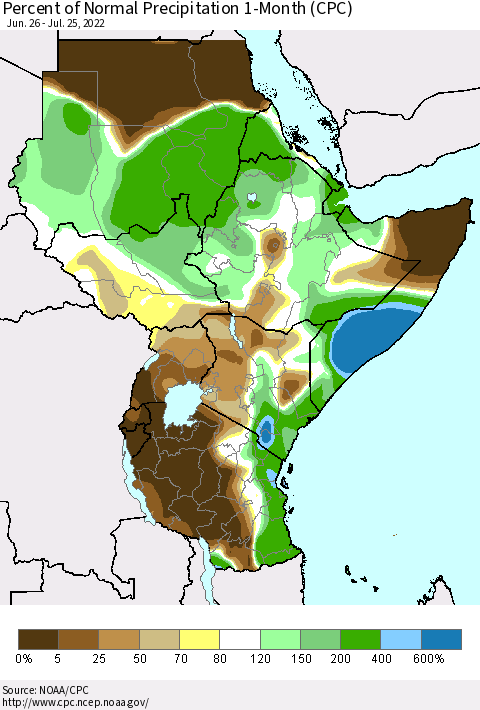 Eastern Africa Percent of Normal Precipitation 1-Month (CPC) Thematic Map For 6/26/2022 - 7/25/2022