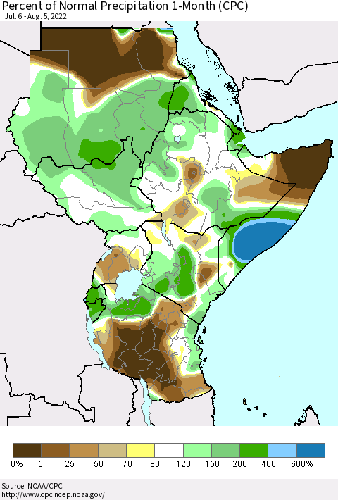 Eastern Africa Percent of Normal Precipitation 1-Month (CPC) Thematic Map For 7/6/2022 - 8/5/2022