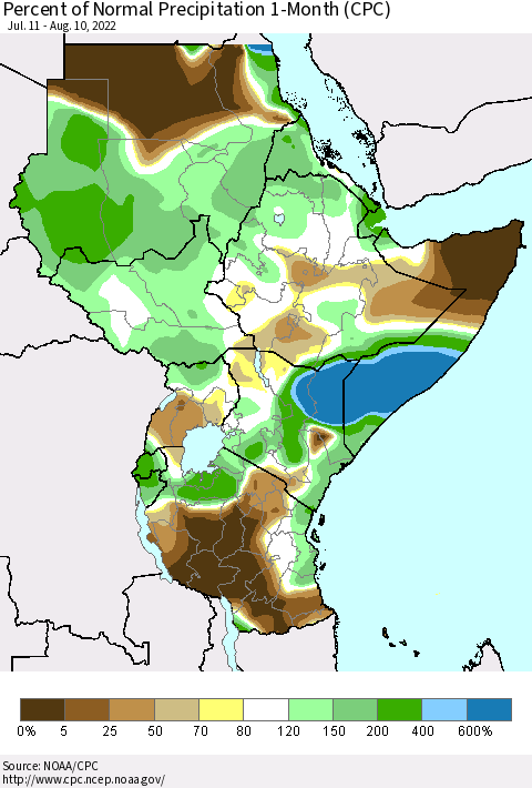 Eastern Africa Percent of Normal Precipitation 1-Month (CPC) Thematic Map For 7/11/2022 - 8/10/2022