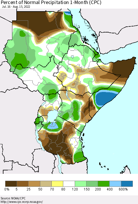 Eastern Africa Percent of Normal Precipitation 1-Month (CPC) Thematic Map For 7/16/2022 - 8/15/2022