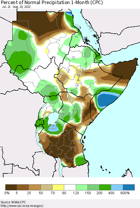 Eastern Africa Percent of Normal Precipitation 1-Month (CPC) Thematic Map For 7/21/2022 - 8/20/2022