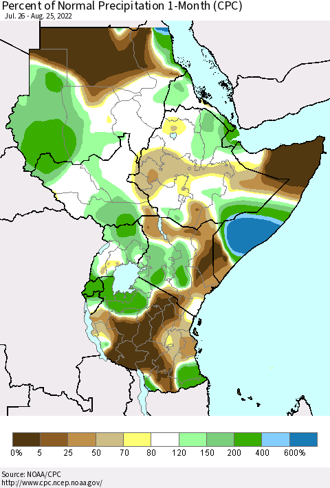 Eastern Africa Percent of Normal Precipitation 1-Month (CPC) Thematic Map For 7/26/2022 - 8/25/2022