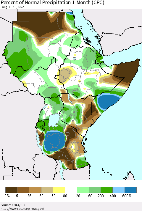 Eastern Africa Percent of Normal Precipitation 1-Month (CPC) Thematic Map For 8/1/2022 - 8/31/2022