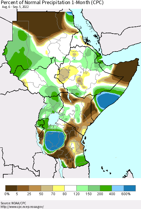 Eastern Africa Percent of Normal Precipitation 1-Month (CPC) Thematic Map For 8/6/2022 - 9/5/2022