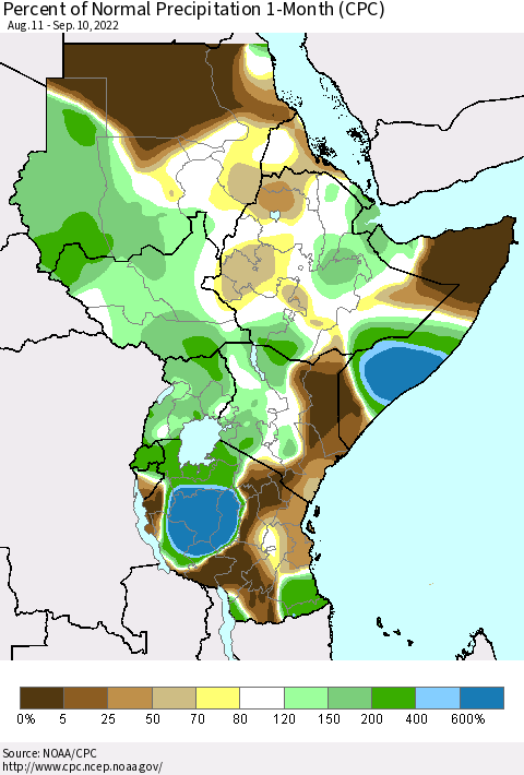 Eastern Africa Percent of Normal Precipitation 1-Month (CPC) Thematic Map For 8/11/2022 - 9/10/2022
