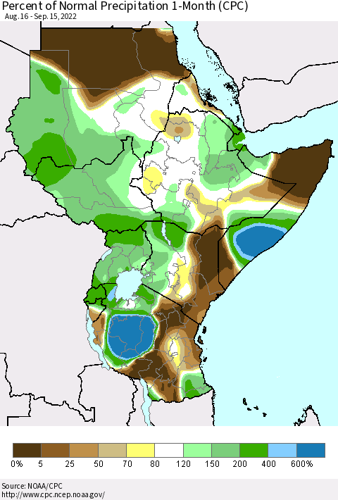 Eastern Africa Percent of Normal Precipitation 1-Month (CPC) Thematic Map For 8/16/2022 - 9/15/2022