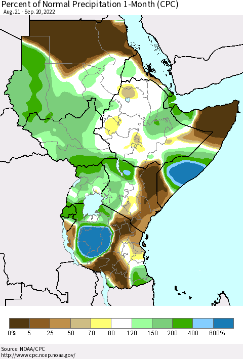 Eastern Africa Percent of Normal Precipitation 1-Month (CPC) Thematic Map For 8/21/2022 - 9/20/2022