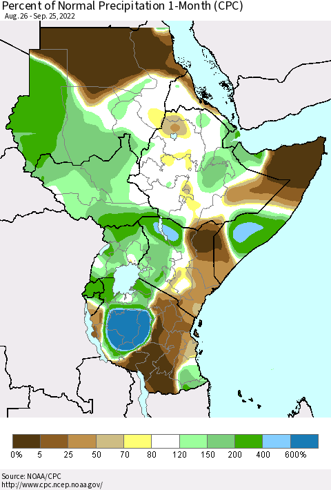 Eastern Africa Percent of Normal Precipitation 1-Month (CPC) Thematic Map For 8/26/2022 - 9/25/2022