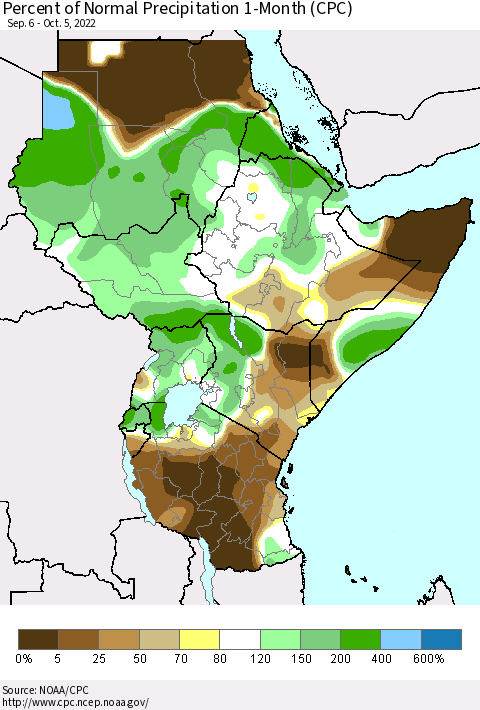 Eastern Africa Percent of Normal Precipitation 1-Month (CPC) Thematic Map For 9/6/2022 - 10/5/2022