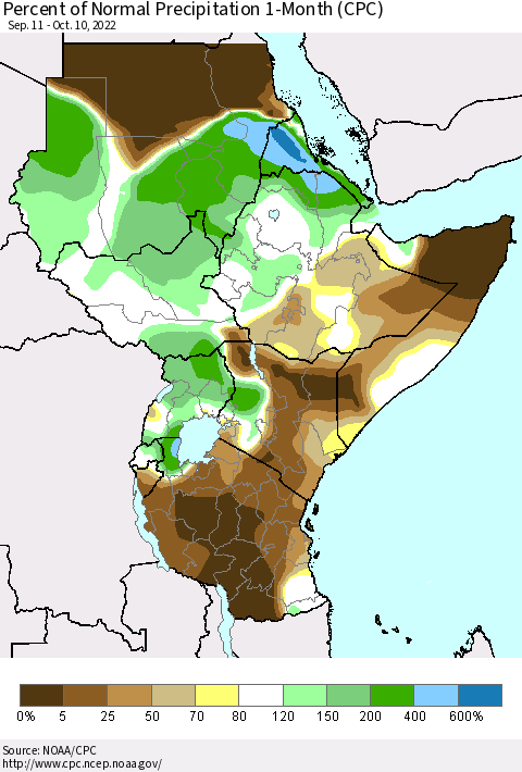 Eastern Africa Percent of Normal Precipitation 1-Month (CPC) Thematic Map For 9/11/2022 - 10/10/2022