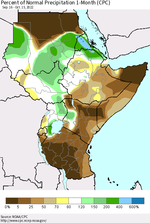 Eastern Africa Percent of Normal Precipitation 1-Month (CPC) Thematic Map For 9/16/2022 - 10/15/2022
