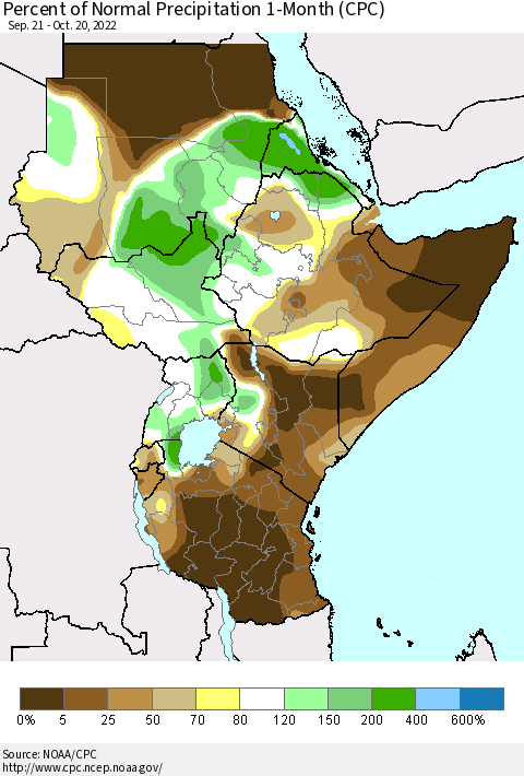 Eastern Africa Percent of Normal Precipitation 1-Month (CPC) Thematic Map For 9/21/2022 - 10/20/2022