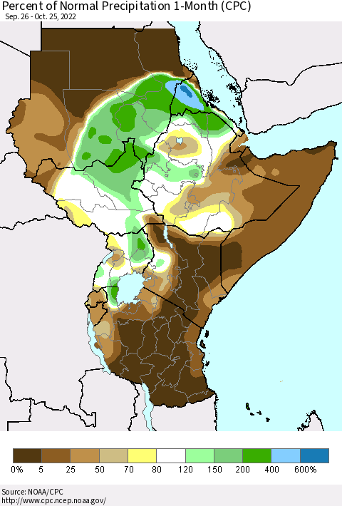 Eastern Africa Percent of Normal Precipitation 1-Month (CPC) Thematic Map For 9/26/2022 - 10/25/2022
