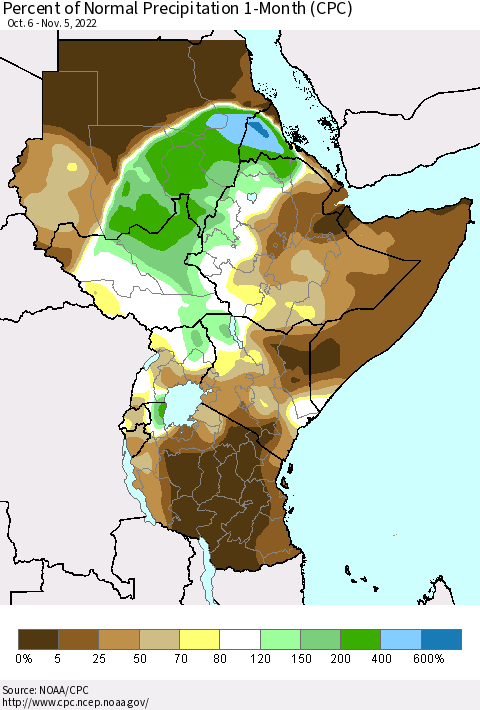 Eastern Africa Percent of Normal Precipitation 1-Month (CPC) Thematic Map For 10/6/2022 - 11/5/2022