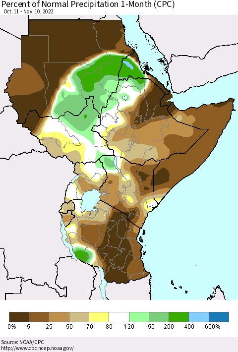 Eastern Africa Percent of Normal Precipitation 1-Month (CPC) Thematic Map For 10/11/2022 - 11/10/2022