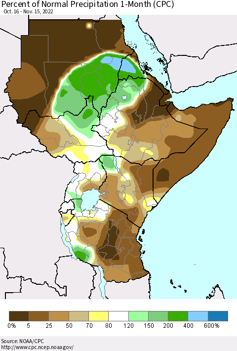 Eastern Africa Percent of Normal Precipitation 1-Month (CPC) Thematic Map For 10/16/2022 - 11/15/2022