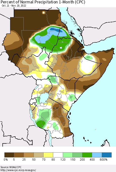 Eastern Africa Percent of Normal Precipitation 1-Month (CPC) Thematic Map For 10/21/2022 - 11/20/2022
