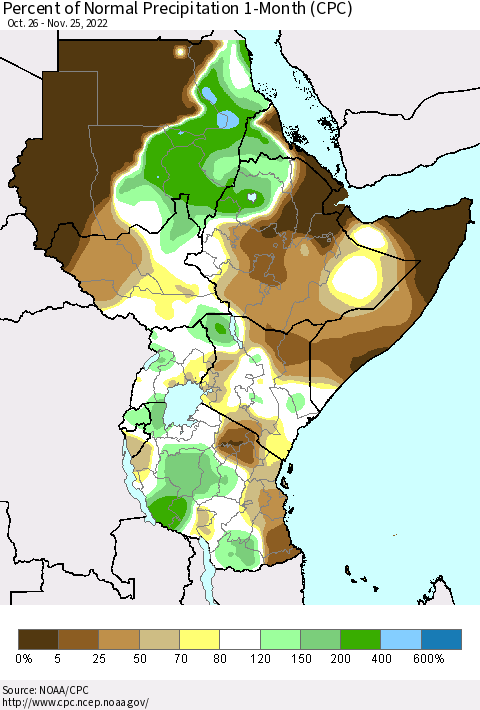 Eastern Africa Percent of Normal Precipitation 1-Month (CPC) Thematic Map For 10/26/2022 - 11/25/2022