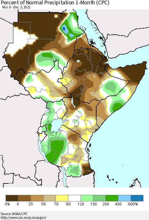 Eastern Africa Percent of Normal Precipitation 1-Month (CPC) Thematic Map For 11/6/2022 - 12/5/2022