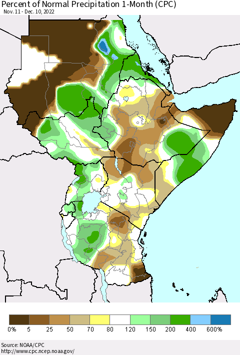 Eastern Africa Percent of Normal Precipitation 1-Month (CPC) Thematic Map For 11/11/2022 - 12/10/2022