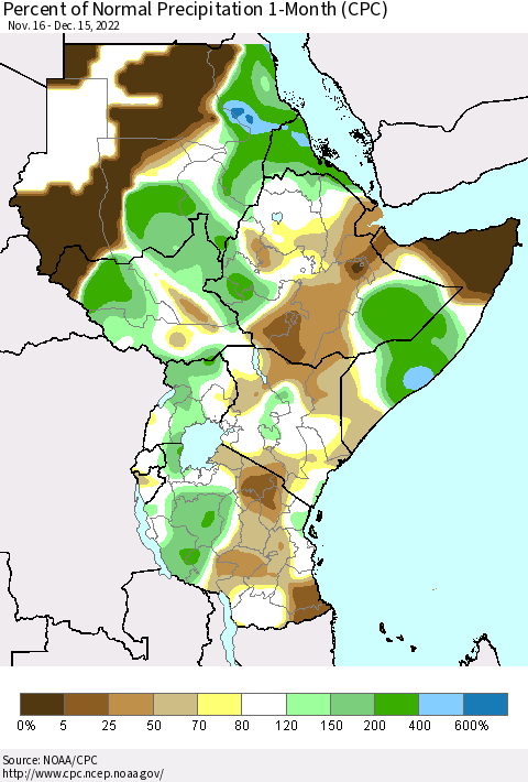 Eastern Africa Percent of Normal Precipitation 1-Month (CPC) Thematic Map For 11/16/2022 - 12/15/2022