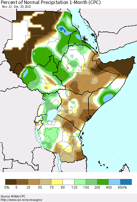 Eastern Africa Percent of Normal Precipitation 1-Month (CPC) Thematic Map For 11/21/2022 - 12/20/2022